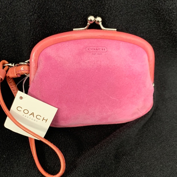 Coach Handbags - Coach Pink Suede Kiss-Lock Clutch with Coral Trim